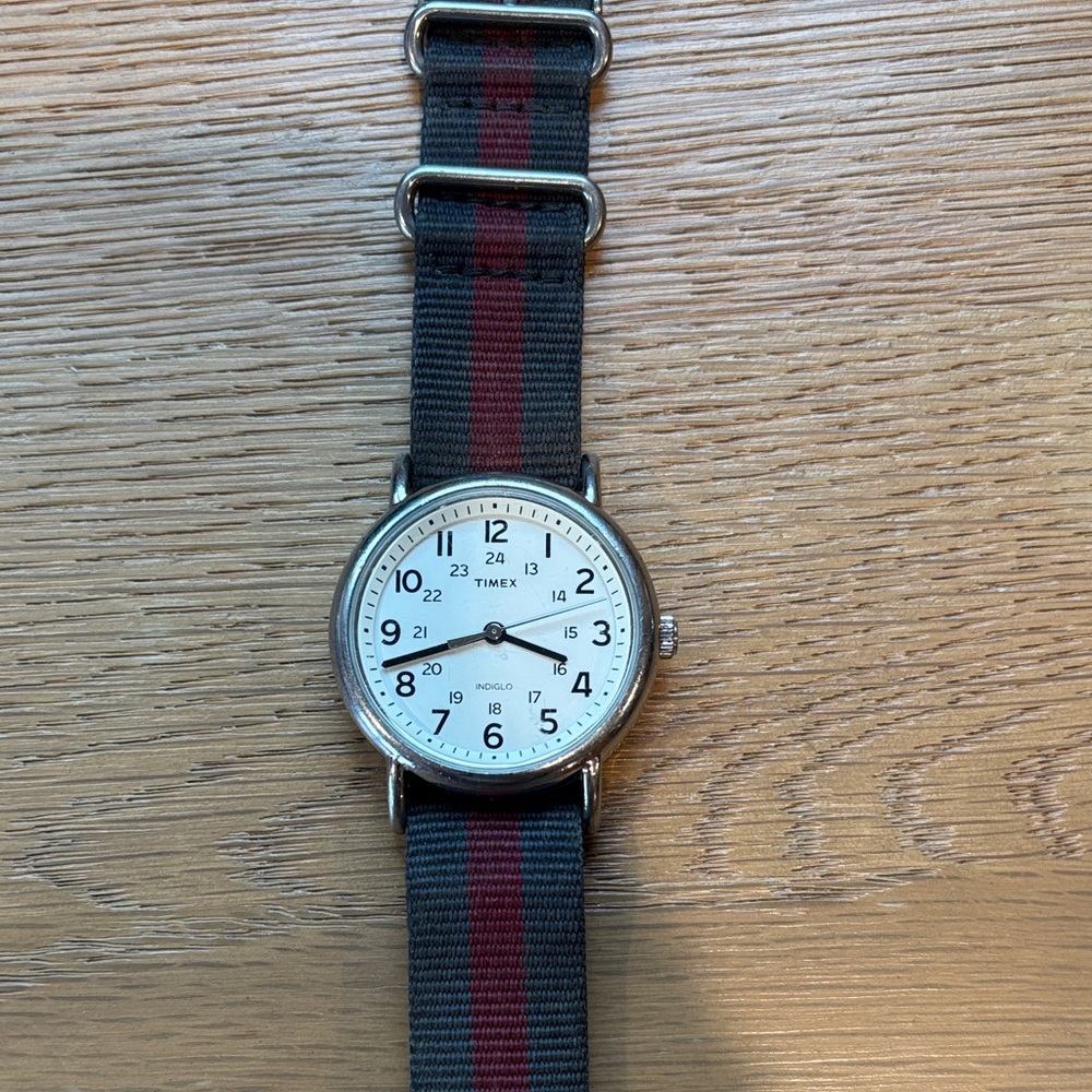 Timex Silver Watch with Black and Red Strap